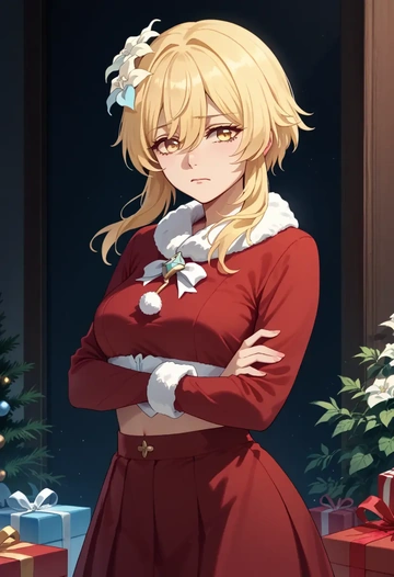 genshin impact,lumine_(genshin_impact),Christmas,skirt  - AI generated anime art