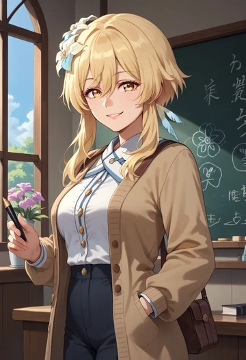 genshin impact,lumine_(genshin_impact),teacher, sweater  - AI generated anime art