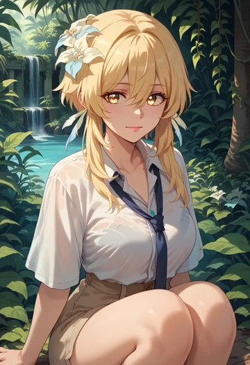 genshin impact,lumine_(genshin_impact),tie-dye shirt,dolphin shorts  - AI generated anime art