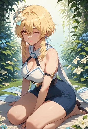 genshin impact,lumine_(genshin_impact),jogger shorts,oversized tank  - AI generated anime art