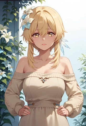 genshin impact,lumine_(genshin_impact),sweater,off-shoulder,collar  - AI generated anime art