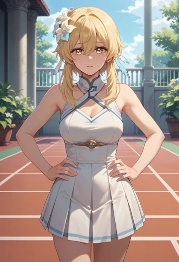 genshin impact,lumine_(genshin_impact),tennis skirt  - AI generated anime art