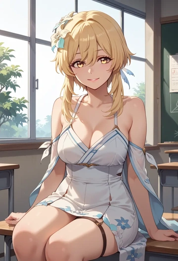 genshin impact,lumine_(genshin_impact),silk slip dress,floral prints  - AI generated anime art