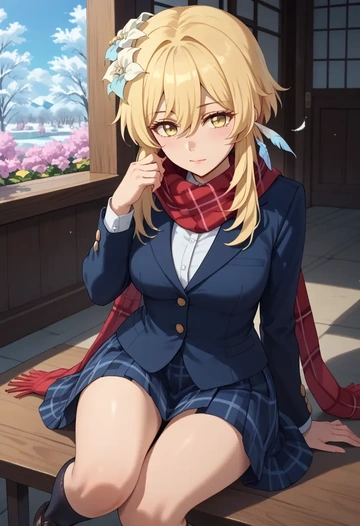 genshin impact,lumine_(genshin_impact),winter,student uniform,plaid skirt  - AI generated anime art