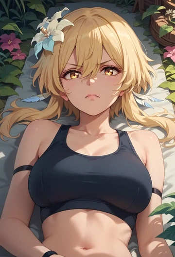 genshin impact,lumine_(genshin_impact),sports bra,wide-leg joggers  - AI generated anime art