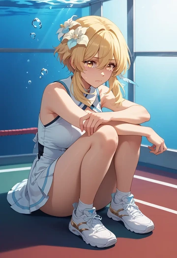 genshin impact,lumine_(genshin_impact),tennis skirt  - AI generated anime art