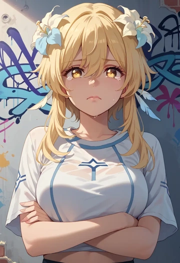 genshin impact,lumine_(genshin_impact),cropped graffiti sweatshirt,dolphin shorts  - AI generated anime art