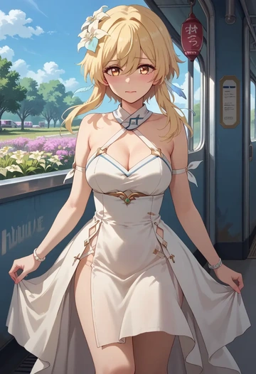 genshin impact,lumine_(genshin_impact),silk slip dress  - AI generated anime art