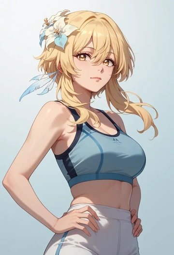 genshin impact,lumine_(genshin_impact),sports bra,wide-leg joggers  - AI generated anime art