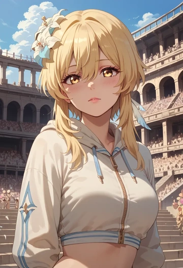 genshin impact,lumine_(genshin_impact),crop hoodie,shorts  - AI generated anime art