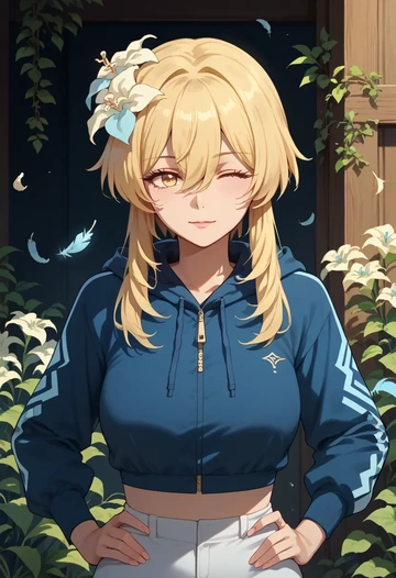 genshin impact,lumine_(genshin_impact),crop hoodie,shorts  - AI generated anime art