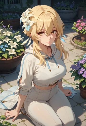 genshin impact,lumine_(genshin_impact),crop hoodie,shorts  - AI generated anime art