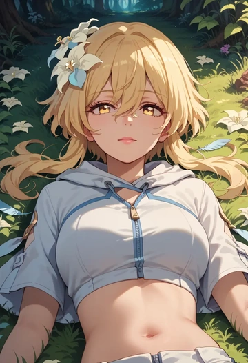 genshin impact,lumine_(genshin_impact),crop hoodie,shorts  - AI generated anime art