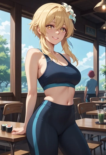 genshin impact,lumine,yoga shorts, bra  - AI generated anime art