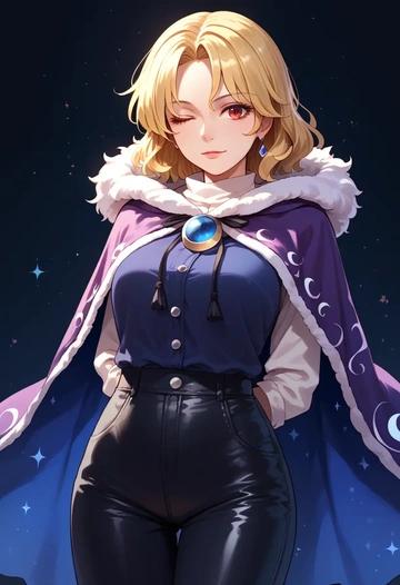 touhou,luna_child,cape,hooded,leather pants  - AI generated anime art