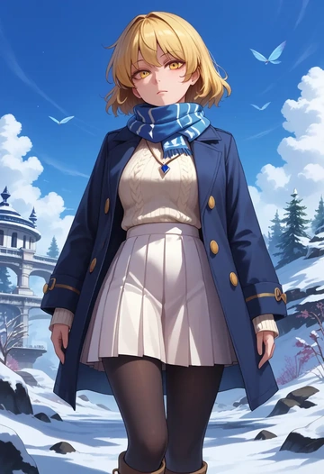 touhou,lunasa_prismriver,winter,student uniform,puffer coat  - AI generated anime art