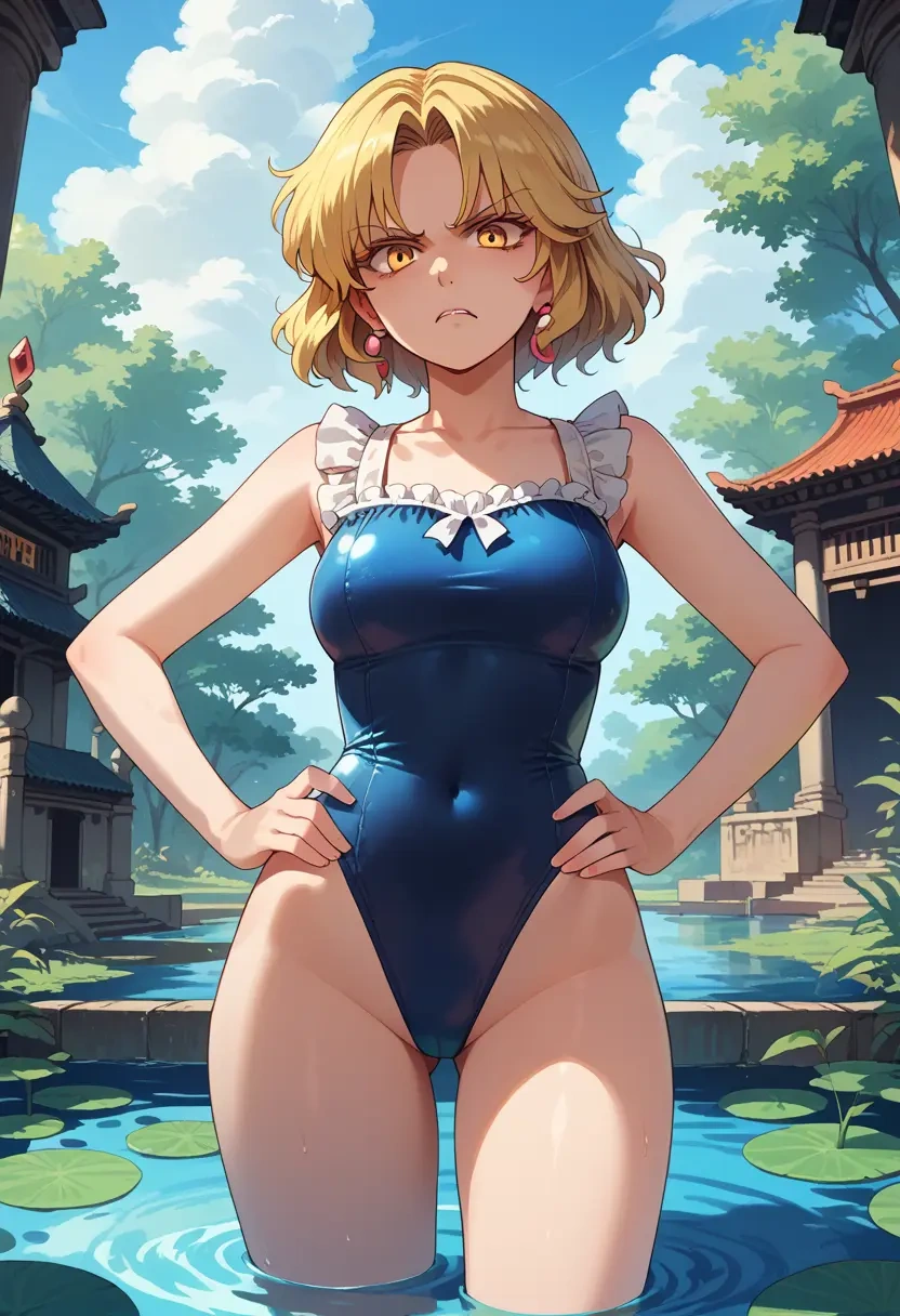 touhou,lunasa_prismriver,retro style swimsuit,frilled neckline,bow detail  - 