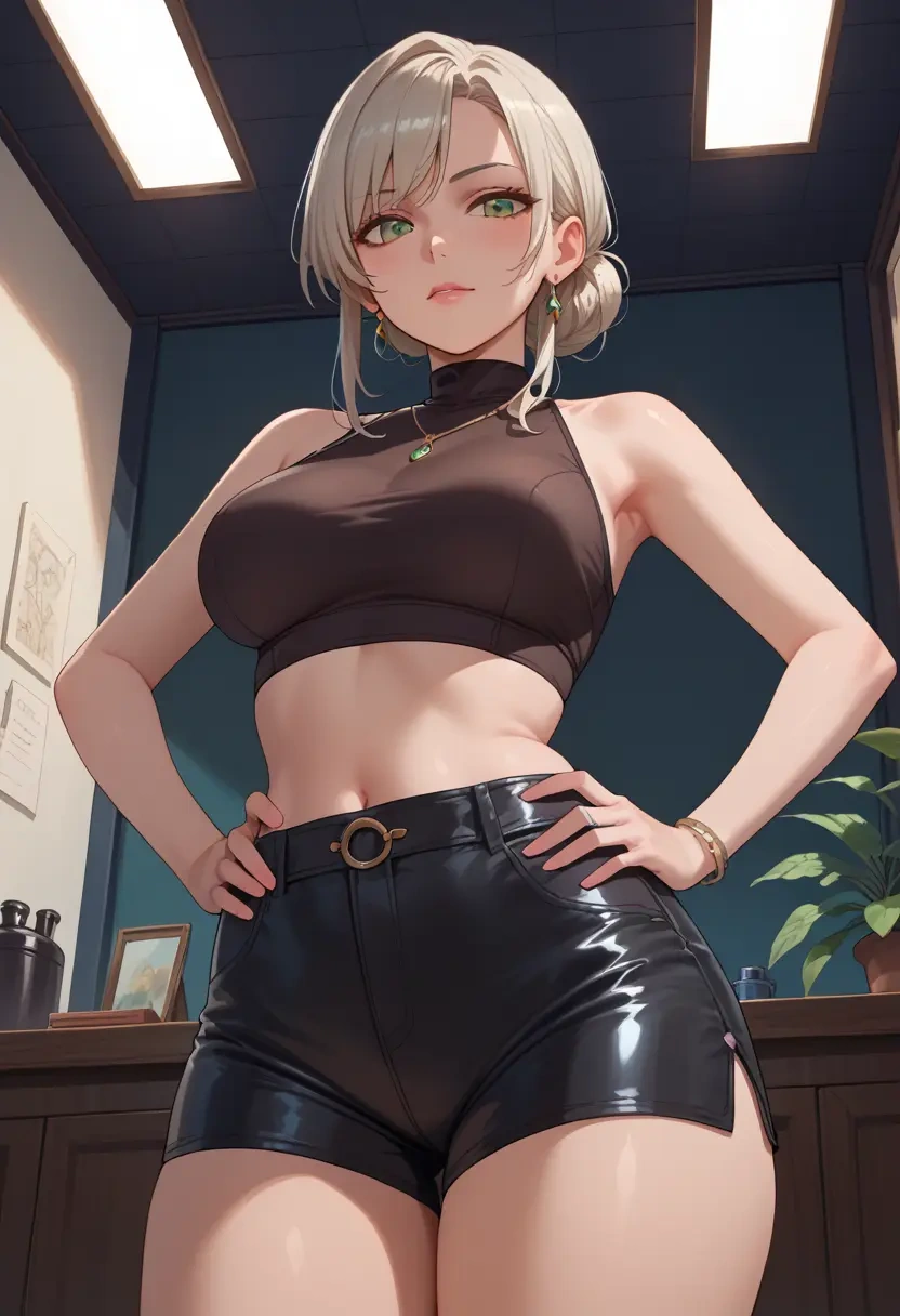 luo_xiaohei_zhanji,luo_xiaohei,leather,shorts,crop top  - 