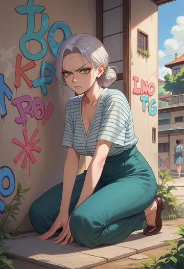 luo_xiaohei_zhanji,luo_xiaohei,striped graffiti blouse,dolphin shorts  - AI generated anime art