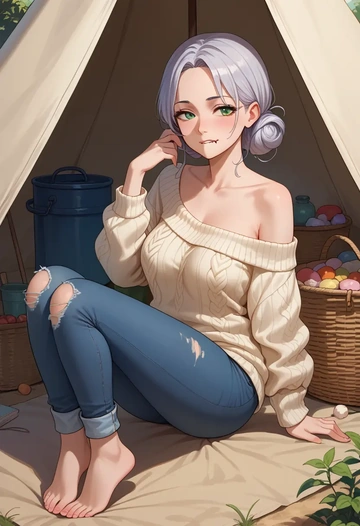 luo_xiaohei_zhanji,luo_xiaohei,sweater,off-shoulder,ripped jeans  - AI generated anime art