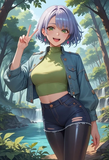 luo_xiaohei_zhanji,luo_xiaohei,denim jacket,cropped,leather leggings  - AI generated anime art