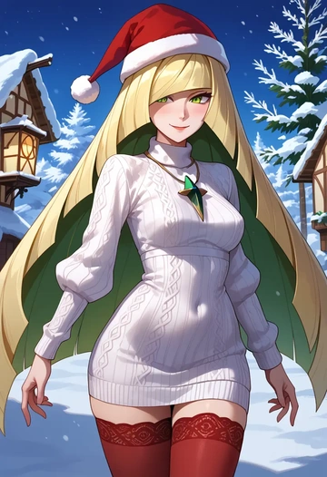 pokemon,lusamine_(pokemon),Christmas,sweater dress,stockings  - AI generated anime art