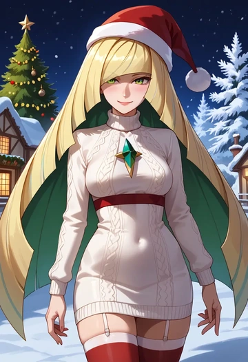 pokemon,lusamine_(pokemon),Christmas,sweater dress,stockings  - AI generated anime art