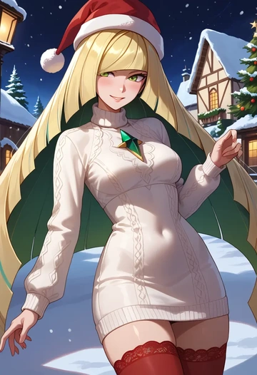 pokemon,lusamine_(pokemon),Christmas,sweater dress,stockings  - AI generated anime art