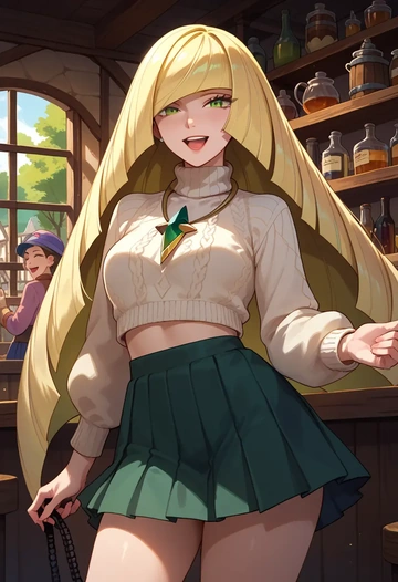 pokemon,lusamine_(pokemon),sweater,cropped,pleated midi skirt  - AI generated anime art