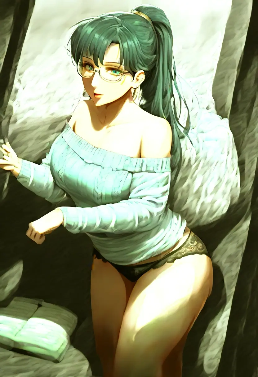 fire_emblem,lyn_(fire_emblem),off-shoulder,panties,glasses,sweater  - 