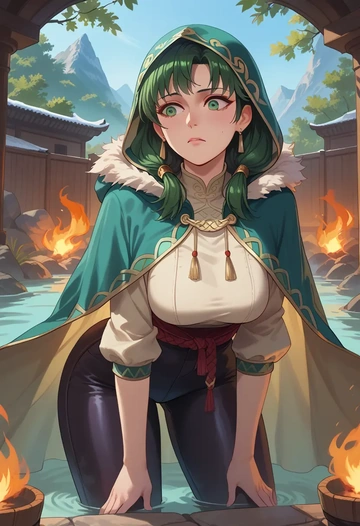 fire_emblem,lyn_(fire_emblem),cape,hooded,leather pants  - AI generated anime art