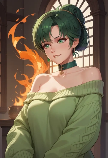 fire_emblem,lyn_(fire_emblem),sweater,off-shoulder,collar  - AI generated anime art