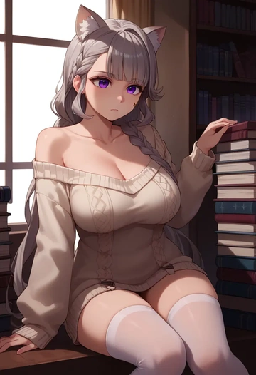 genshin impact,lynette,Pouting,off-shoulder,sweater,stockings  - AI generated anime art