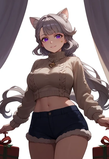 genshin impact,lynette,Christmas,red velvet shorts,turtleneck sweater  - AI generated anime art