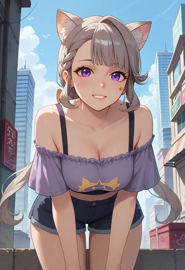 genshin impact,lynette,off-shoulder top,dolphin shorts  - AI generated anime art