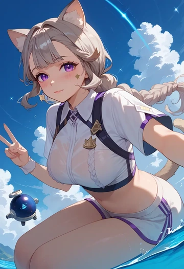 genshin impact,lynette,tankini top,board shorts  - AI generated anime art