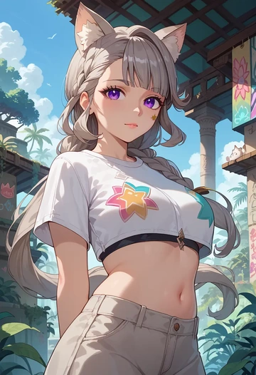 genshin impact,lynette,cropped graffiti sweatshirt,dolphin shorts  - AI generated anime art