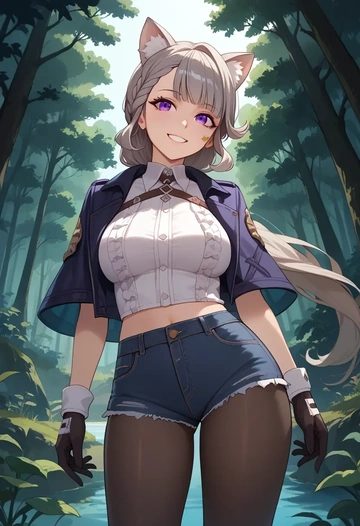 genshin impact,lynette,denim jacket,cropped,leather leggings  - AI generated anime art