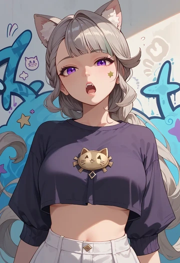 genshin impact,lynette,cropped graffiti sweatshirt,dolphin shorts  - AI generated anime art