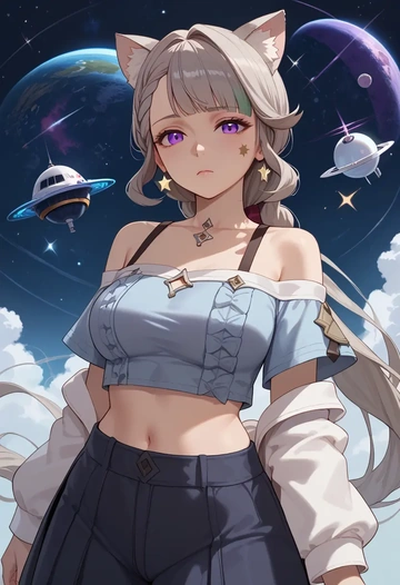 genshin impact,lynette,off-shoulder top,dolphin shorts  - AI generated anime art