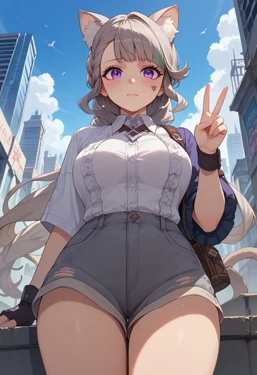 genshin impact,lynette,graphic tee,shorts,sneakers  - AI generated anime art