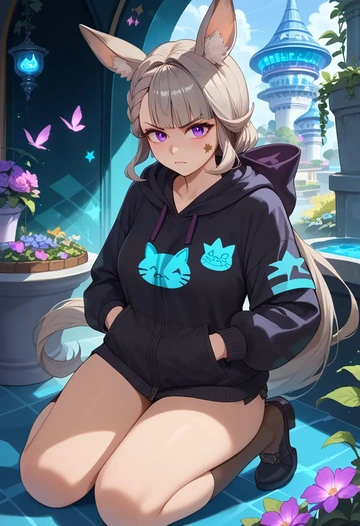 genshin impact,lynette,oversized graphic hoodie,thigh-high socks,shorts  - AI generated anime art