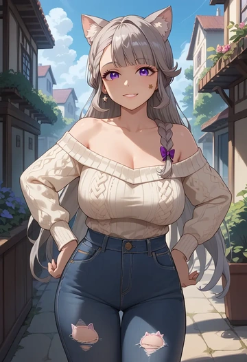 genshin impact,lynette,sweater,off-shoulder,ripped jeans  - AI generated anime art