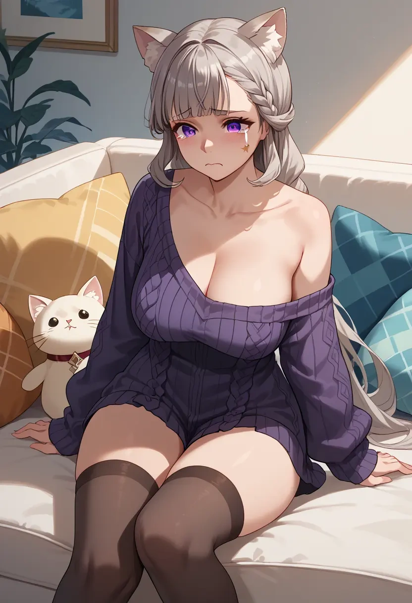 genshin impact,lynette,Pouting ,Teary-eyed,off-shoulder,sweater  - 