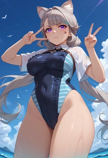 genshin impact,lynette,racerback swimsuit,striped trim,name tag patch  - AI generated anime art