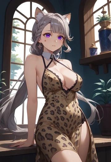 genshin impact,lynette,leopard print,silk slip dress  - AI generated anime art