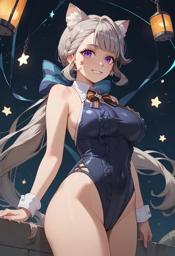 genshin impact,lynette,racerback swimsuit,striped trim,name tag patch  - AI generated anime art