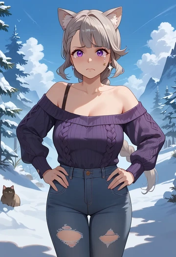 genshin impact,lynette,sweater,off-shoulder,ripped jeans  - AI generated anime art