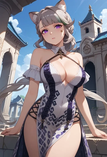 genshin impact,lynette,leopard print,silk slip dress  - AI generated anime art