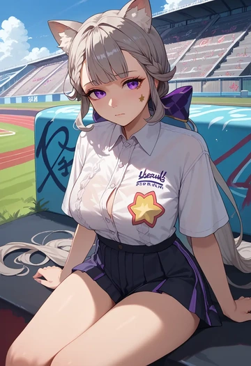 genshin impact,lynette,oversized graffiti shirt,dolphin shorts  - AI generated anime art